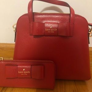 Red Kate Spade bow satchel and matching wallet